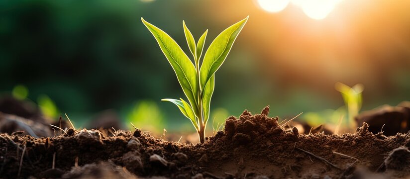 Young green cereal plant growing in a cornfield used for animal feed in the agricultural industry in the evening with copyspace for text