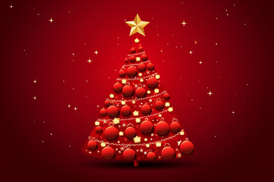 illustration of christmas tree on red background Created with Generative AI