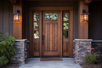 Traditional cheap front entrance door with wood, brown wooden style. ai generative - obrazy, fototapety, plakaty