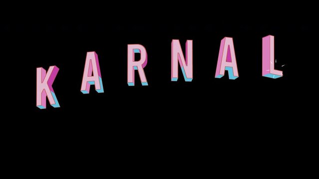Bright letters jump merrily in the inscription KARNAL International Airport. Retro. Alpha channel black. Looped from frame 120 to 240, Alpha BW at the end