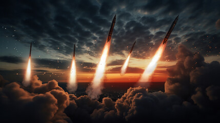 rockets flying in the sky, war concept. ai generative - obrazy, fototapety, plakaty