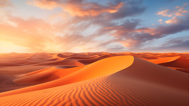 Sand dunes in the Sahara Desert at amazing sunrise, Merzouga, Morocco. ai generative © Oleksandr