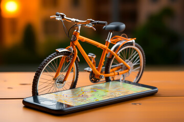 Fototapeta na wymiar bicycle, online map navigator on smartphone transport representation, gps concept