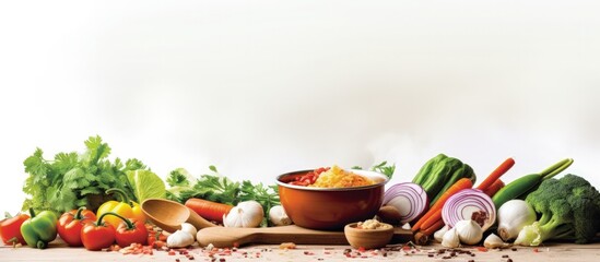 Vegetarian cooking with chopped vegetables pot and spoon on a wooden table with copyspace for text - obrazy, fototapety, plakaty