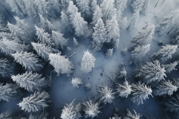 Foggy landscape with spruce winter forest. Gloomy forest . Top view. Generated by artificial intelligence