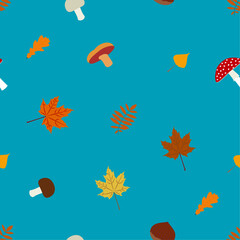 Fototapeta na wymiar Patrón otoñal. Patrón con hojas, champiñones, castañas y setas de otoño en color sobre fondo azul