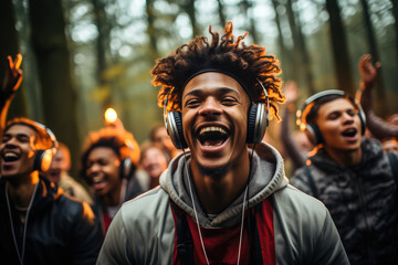 A group enjoys a silent disco in a mystical forest, illuminated by natural moonlight.
