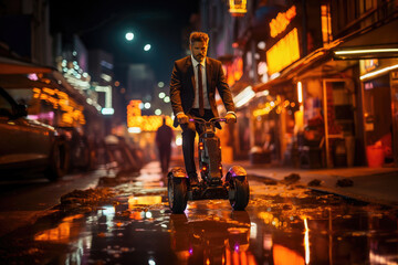 Businessman on a hoverboard glides through a neon cityscape filled with futuristic skyscrapers.
