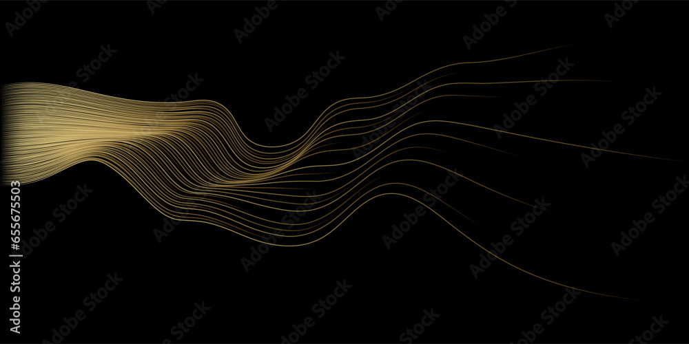 Poster Abstract vector wavy lines flowing smooth curve gold gradient color on black background in concept of luxury, technology, science, music, modern.