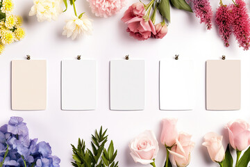 A row of clothing tags on a white background with flowers at the top and bottom. Blank space for product placement or advertising text. - obrazy, fototapety, plakaty