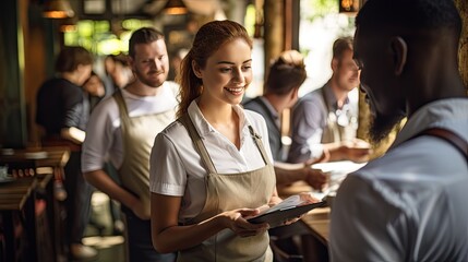 Happy restaurant owners, using new technology for better efficiency and time saving, waitress serving wine in the background, restaurant style modern