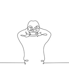 man stands with his back and holds head with both hands - one line art vector. concept going crazy, severe migraine, head massage