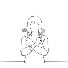woman stands with crossed arms holding a whisk and ladle - one line art vector. concept learn cooking, adamant female chef, author's cooking style
