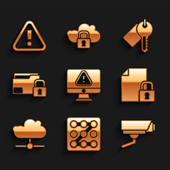Set Monitor with exclamation mark, Graphic password protection, Security camera, Document and lock, Network cloud connection, Folder, Marked key and Exclamation in triangle icon. Vector