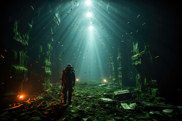 Scuba diver illuminates an underwater cave's dark corners, revealing sea life.