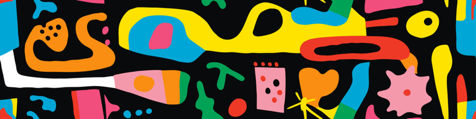 Abstract seamless texture background backdrop in Matisse style. Trendy 50s 60s 90s midcentury modern vector wall art pattern. Colorful modernist fun design, doodles, shapes for textile fabric, package