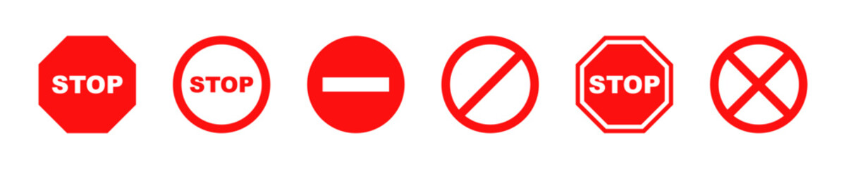 Set of red stop signs. Forbidden or ban symbols. Warning icon. Vector 10 Eps.