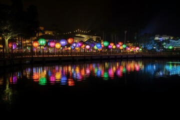 A vibrant display of colorful lights shining on Sea World at night. Generative AI