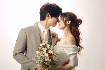 Photo shoot wedding in studio of a cute couple groom and bride with wearing white costume. Generative Ai