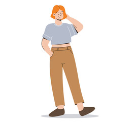 Obraz premium Young cartoon standing woman. Beautiful red haired girl in casual clothes. Vector isolated flat illustration.