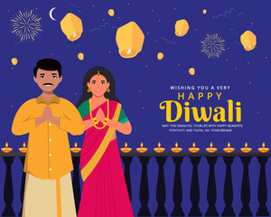 A man and a woman in traditional Indian clothes and saying namaste For Happy Diwali Celebration.