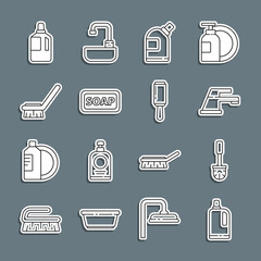 Set line Fabric softener, Toilet brush, Water tap, Bottles for cleaning agent, Bar soap, Brush, and Adhesive roller icon. Vector