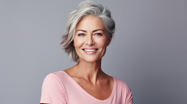 Smiling south american adult woman with smooth healthy face skin. Banner copy space. Beauty and cosmetics skincare advertising concept, ai generative