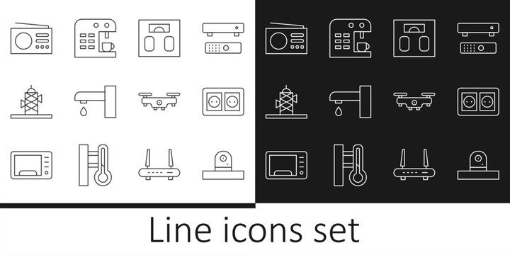Set line Security camera, Electrical outlet, Bathroom scales, Water tap, Antenna, Radio, Drone flying and Coffee machine icon. Vector
