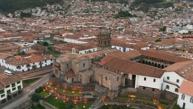 Aerial View Of Coricancha (The Golden Temple) In The City Of Cusco In Peru. arc shot
