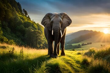 Forest elephant sun rays nature photography picture photo artwork design illustration model animal in the wild forest the king of the hills in the jungle, and blue sky in the background - obrazy, fototapety, plakaty