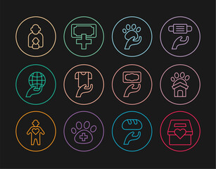Set line Donation and charity, Animal shelter house, volunteer, Clothes donation, Hand holding Earth globe, Taking care of children, and icon. Vector