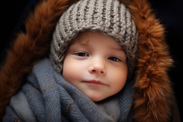 Cute sleepy Caucasian newborn baby wearing a knitted cap and wrapped in a fur blanket looking at camera, child portrait