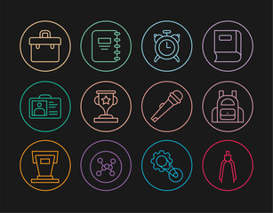 Set line Drawing compass, School backpack, Alarm clock, Award cup, Identification badge, Briefcase, Microphone and Notebook icon. Vector