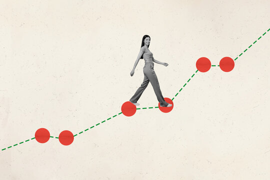 Picture 3d collage of successful smiling girl climbing career ladder way isolated on painted background