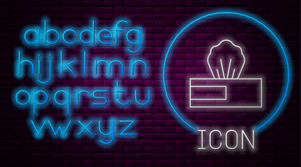 Glowing neon line Wet wipe pack icon isolated on brick wall background. Neon light alphabet. Vector.