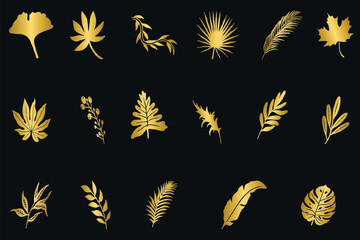 Set of golden leaves, collection of gold leaf isolated on background