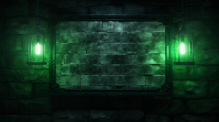 An old wall with green lights in the dark