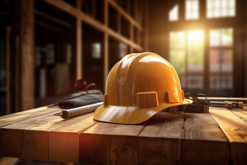 Construction yellow helmet on wooden table in background of house under construction. Safety or danger protection concept. - obrazy, fototapety, plakaty