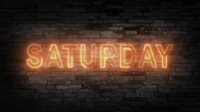 Happy Saturday neon text flickering on brick wall. Looped background, 4k.