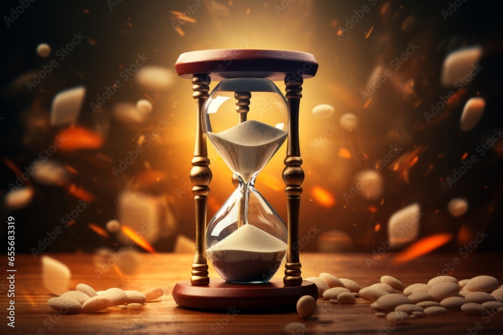 Poster a conceptual image of pills spilling out of an hourglass, symbolizing the relentless passage of time