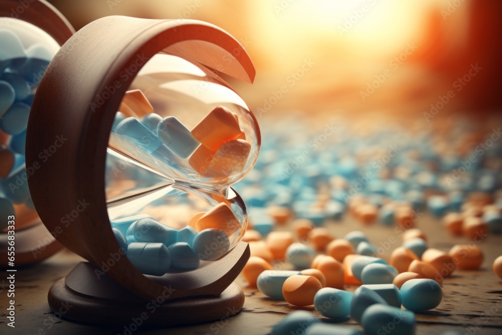 Aufkleber a conceptual image of pills spilling out of an hourglass, symbolizing the relentless passage of time