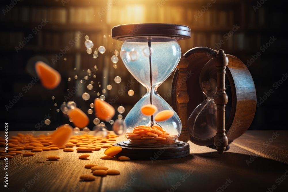 Poster a conceptual image of pills spilling out of an hourglass, symbolizing the relentless passage of time