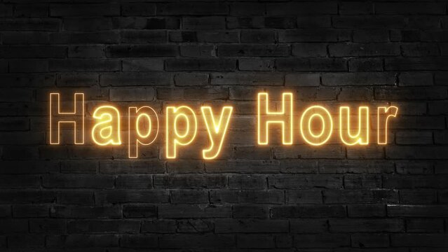 Happy Hour realistic pink neon signboard on bricks wall background and smoke in the ambient in 4K.