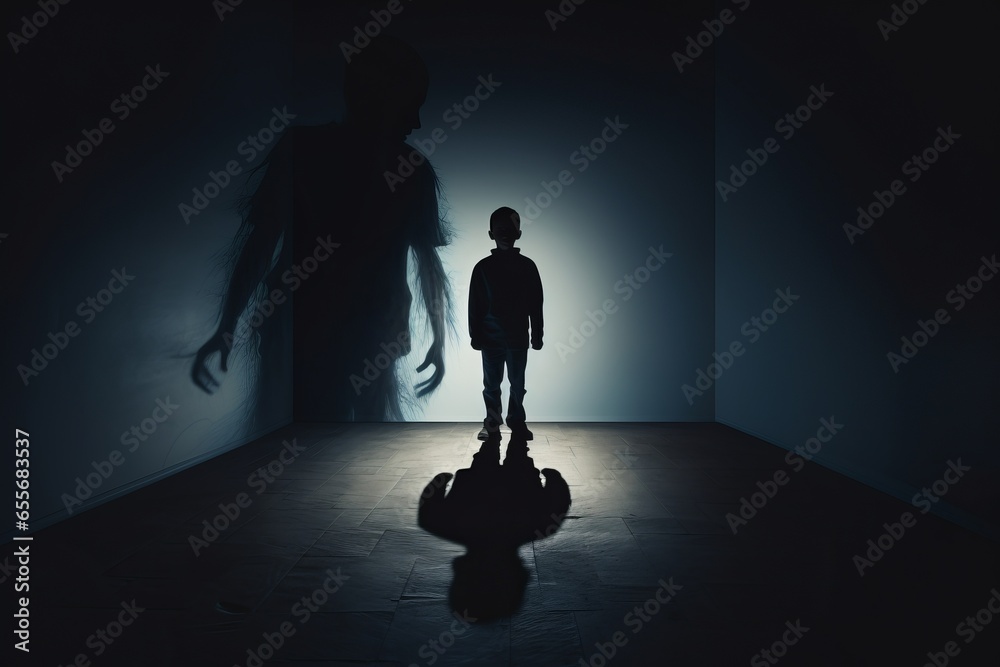 Poster a visual representation of addiction as a shadowy figure looming over a person, illustrating the con