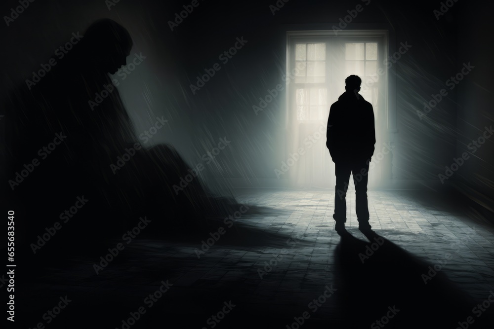 Poster a visual representation of addiction as a shadowy figure looming over a person, illustrating the con