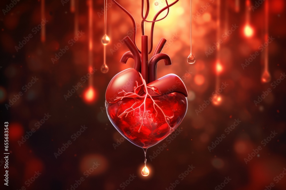 Aufkleber an abstract depiction of a heart-shaped blood drop being transfused into another heart, symbolizing 