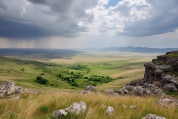 A serene landscape with rocks, grass, and a dramatic cloudy sky