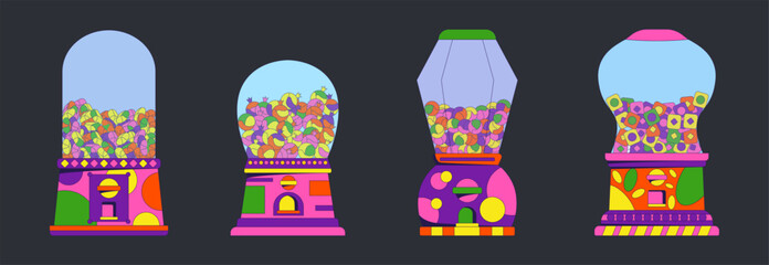 Set candy vending machines in a 90s cartoon acid style.Gumballs candies dispenser machine in a glass capsule. Coin slot machine for candy dispensing