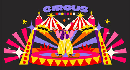 Acid cartoon circus poster in 90s psychedelic style. Bright elements of the stage, circus arena, vintage tent. Circus show banner, invitation cards in groovy style