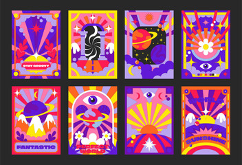 90s groovy posters. Cartoon psychedelic style. Acid hippie retro elements. Trip landscapes with mountains, sun rays, flowers, trip wave. Vector collection	